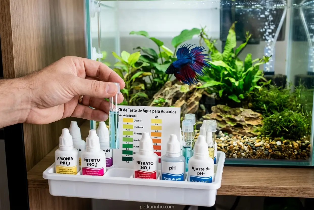 Testando a Água do Aquário Kit de teste de água para aquário, com peixe betta ao fundo.