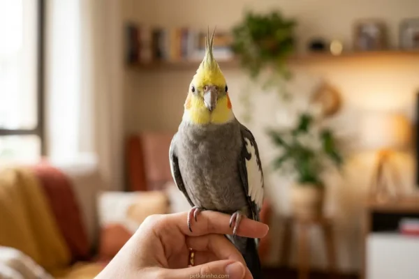 Calopsita curiosa em um dedo, símbolo de carinho.
